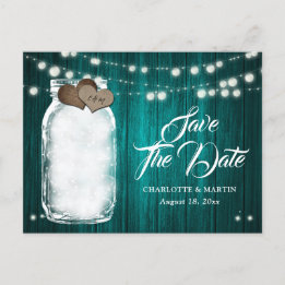 Carte Postale Faire-part Mariage Rustique Turquoise Bocal Enregistrer La Da