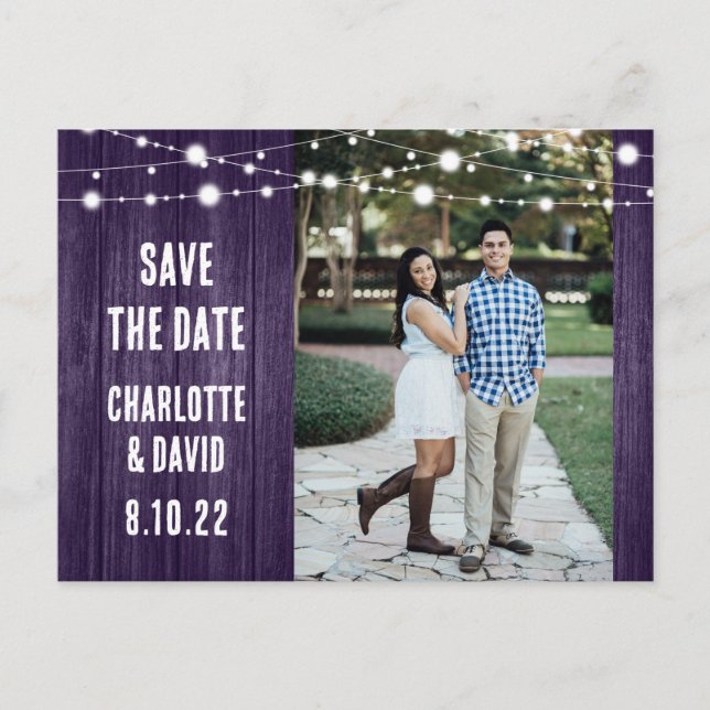 Carte Postale Faire-part Mariage Rustique violet Enregistrer La Date Photo (Devant)