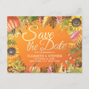 Carte Postale Faire-part Mariage Sauvez La Date Automne Feuille  Citrouille