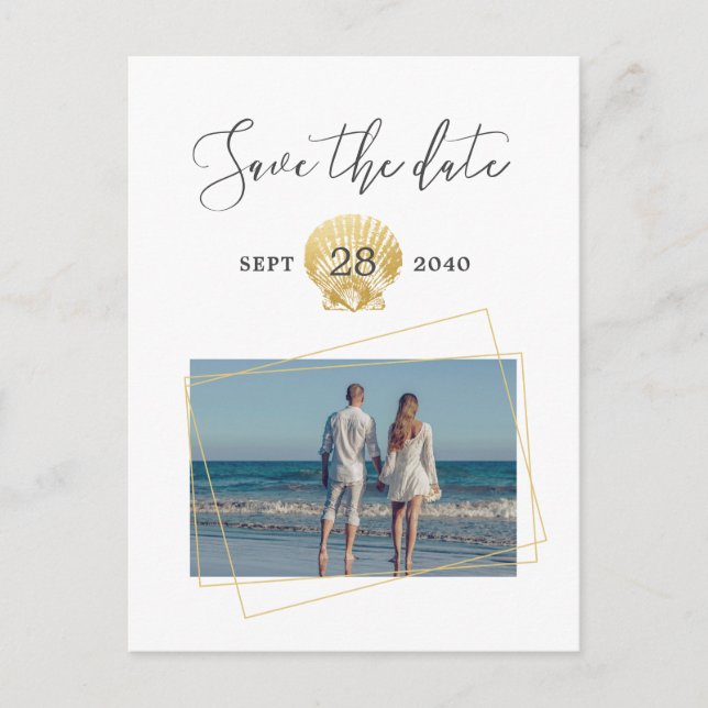 Carte Postale Faire-part Mariage simple moderne de plage coquillage doré (Devant)