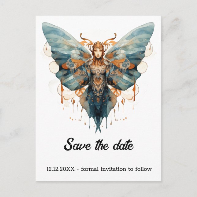 Carte Postale Faire-part Mariage Steampunk Papillon Monarque à Ailes Cog (Devant)