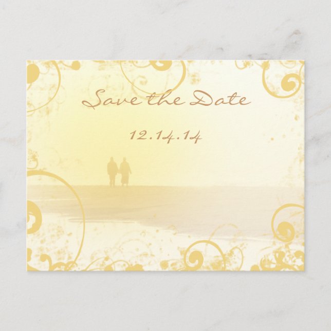 Carte Postale Faire-part Mariage sur la plage au cœur jaune (Devant)