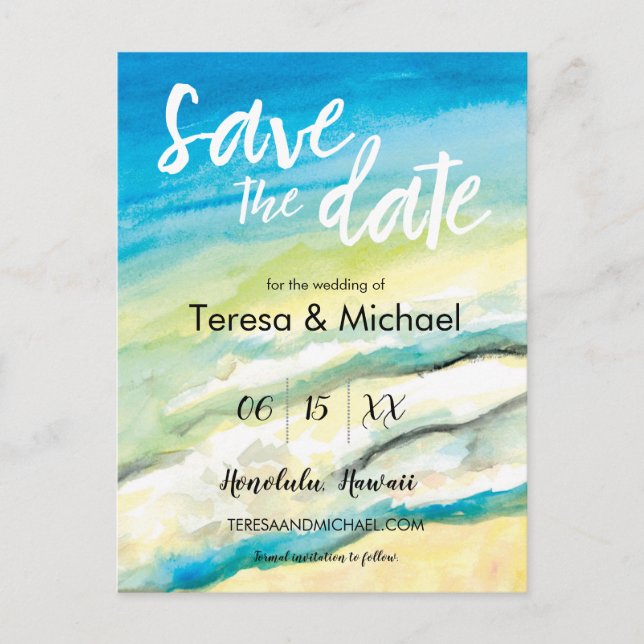 Carte Postale Faire-part Mariage sur mesure à destination Plage aquarelle (Devant)