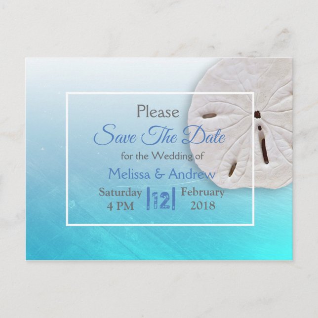 Carte Postale Faire-part Mariage Thème Dollar de Sable Bleu Aqua Enregistre (Devant)