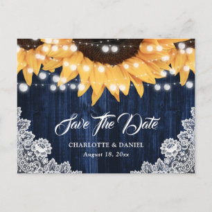 Carte Postale Faire-part Mariage Tournesol Broderie Anglaise Bois Bleu Mari