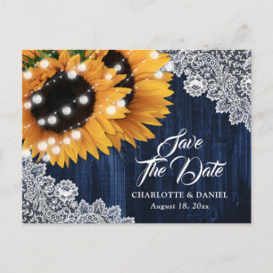Carte Postale Faire-part Mariage Tournesol en Dentelle de Bois Bleu Marine