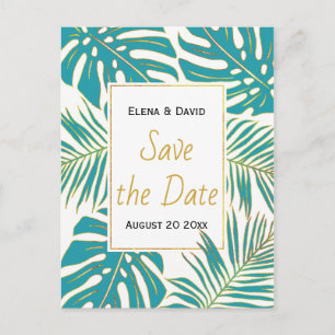 Carte Postale Faire-part Mariage turquoise, or tropical feuille Enregistrer