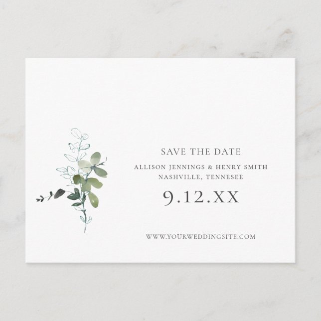 Carte Postale Faire-part Mariage vert Eucalyptus Enregistrer la date (Devant)
