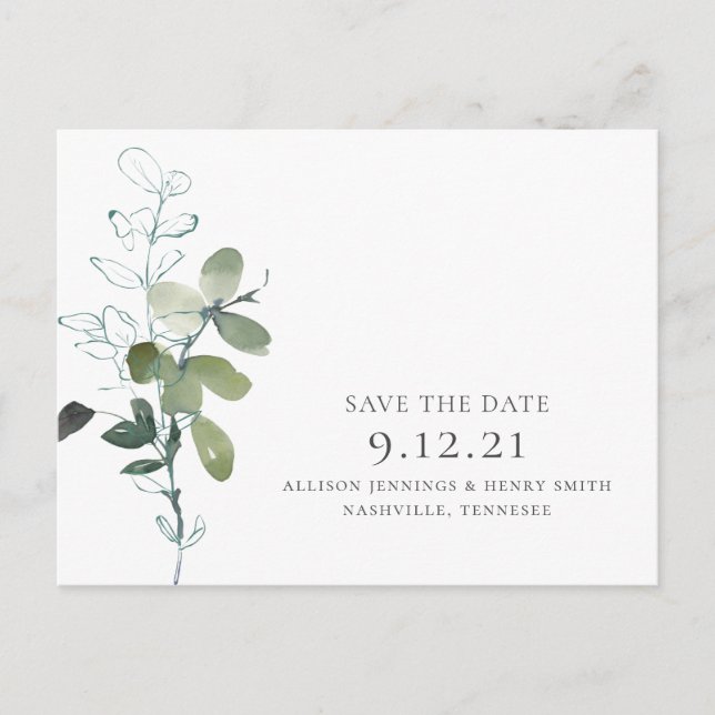 Carte Postale Faire-part Mariage vert minimal Eucalyptus Enregistrer la dat (Devant)