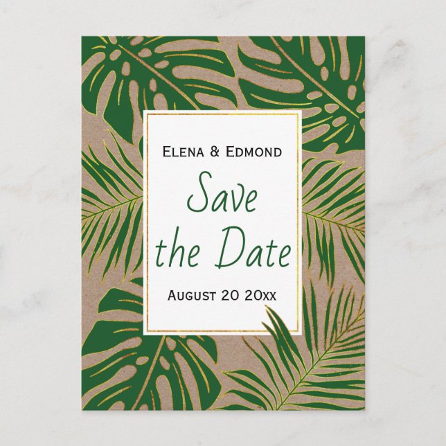 Carte Postale Faire-part Mariage vert rustique feuille tropical Enregistrer (Devant)