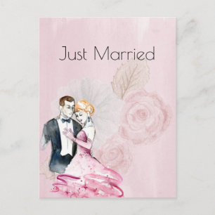 Carte Postale Faire-part Mariage Vintage Couple Avec Rose Rose Rose Juste M