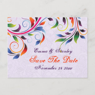 Carte Postale Faire-part Mariage violet à feuille de défilement colorée Enr