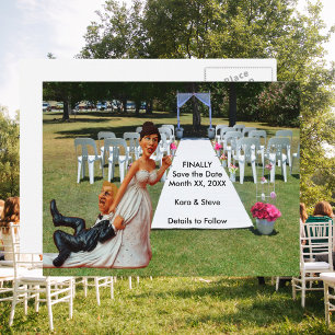 Carte Postale Faire-part Mariée traînant des figurines de marié marron et b