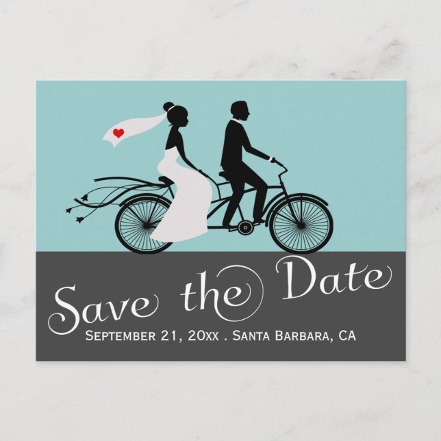 Carte Postale Faire-part Mariés à vélo en tandem mignon pour mariage (Devant)
