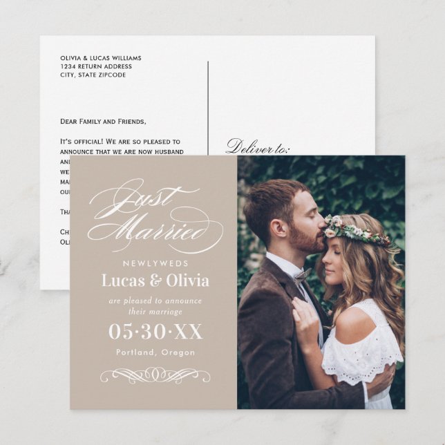 Carte Postale Faire-part Mariés Beige Élégant Photo de mariage (Devant / Derrière)