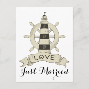 Carte Postale Faire-part Mariés Brun Nautical Phare Roue De Bateau