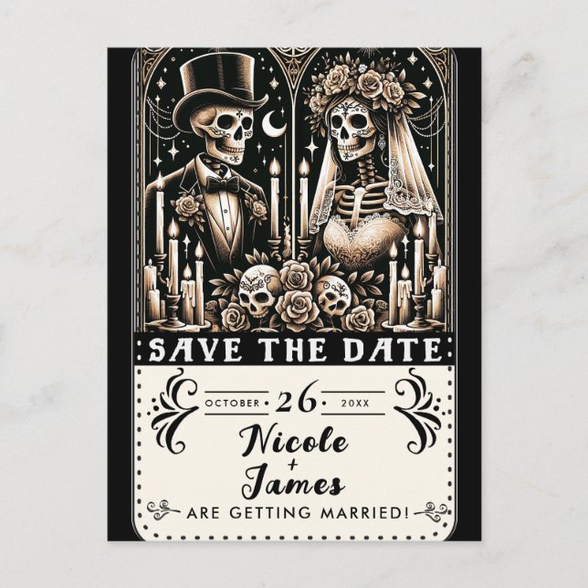 Carte Postale Faire-part Mariés squelettes de tarot Enregistrer la date du  (Devant)