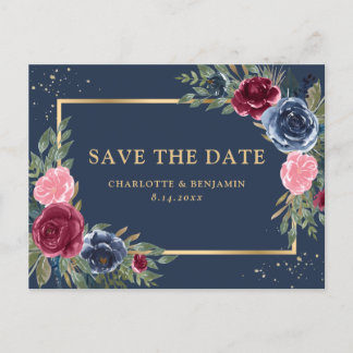 Carte Postale Faire-part Marine Bleu Bourgogne Blush Or Floral Enregistrer