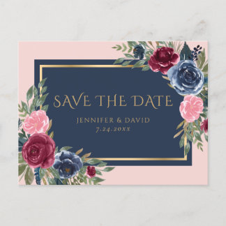 Carte Postale Faire-part Marine Bleu Bourgogne Blush Rose Floral Enregistre