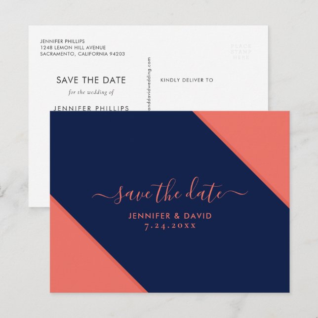 Carte Postale Faire-part Marine Bleu et Corail Mariage Enregistrer la date (Devant / Derrière)