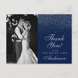 Carte Postale Faire-part Marine bleu et Glam Argent Confetti Mariage Merci