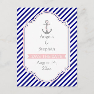 Carte Postale Faire-part Marine bleu, mariage nautique rose Enregistrer la 