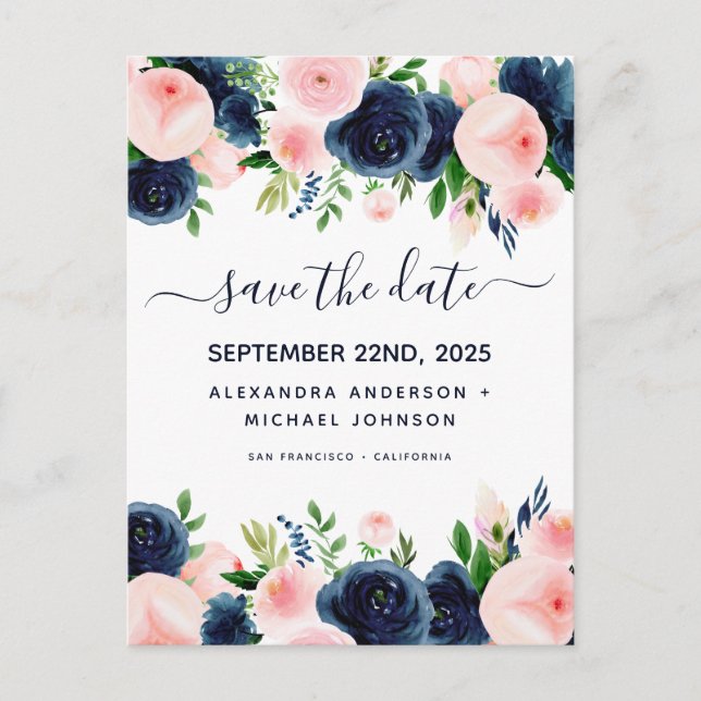 Carte Postale Faire-part Marine Bleu rose floral Enregistrer la date (Devant)