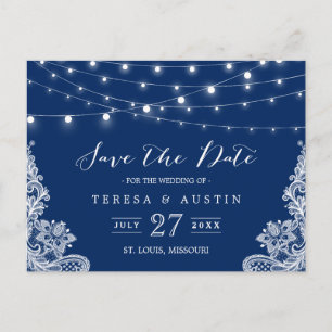 Carte Postale Faire-part Marine Bleu String Lumières Élégante dentelle Enre