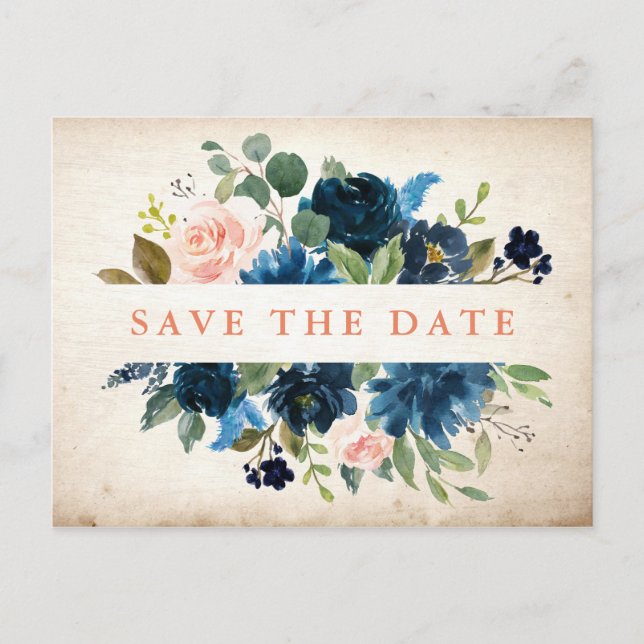 Carte Postale Faire-part Marine Blue Blush Rose Rustic Boho Enregistrer la  (Devant)