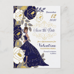 Carte Postale Faire-part Marine Blue Floral Quincanera Enregistrer la date