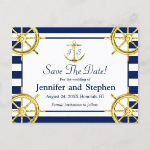 Carte Postale Faire-part Marine Blue Gold Mariage nautique Enregistrer la d