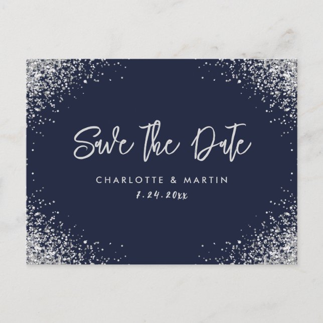 Carte Postale Faire-part Marine Blue Silver Parties scintillant Mariage Enr (Devant)