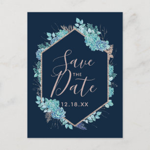 Carte Postale Faire-part Marine Blue Succulents & Rose Gold Enregistrer la 
