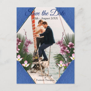 Carte Postale Faire-part Marine - Blue Textured & Pink Flowers Enregistrer 