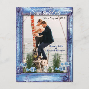 Carte Postale Faire-part Marine - Blue Textured Wood & fish Sauvez les date