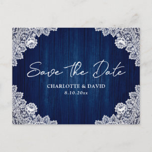 Carte Postale Faire-part Marine Blue Wood Lace Mariage Enregistrer La Date 