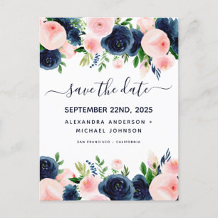 Carte Postale Faire-part Marine Blush Pink Floral Sauvez la date
