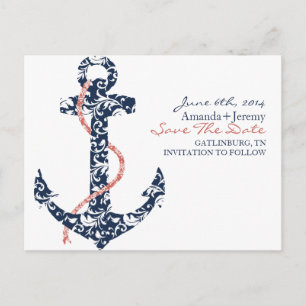 Carte Postale Faire-part Marine et Coral Ancre Beach Sauvez la date