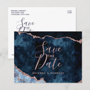 Carte Postale Faire-part Marine Rose Gold Agate Marbre Enregistrer la date