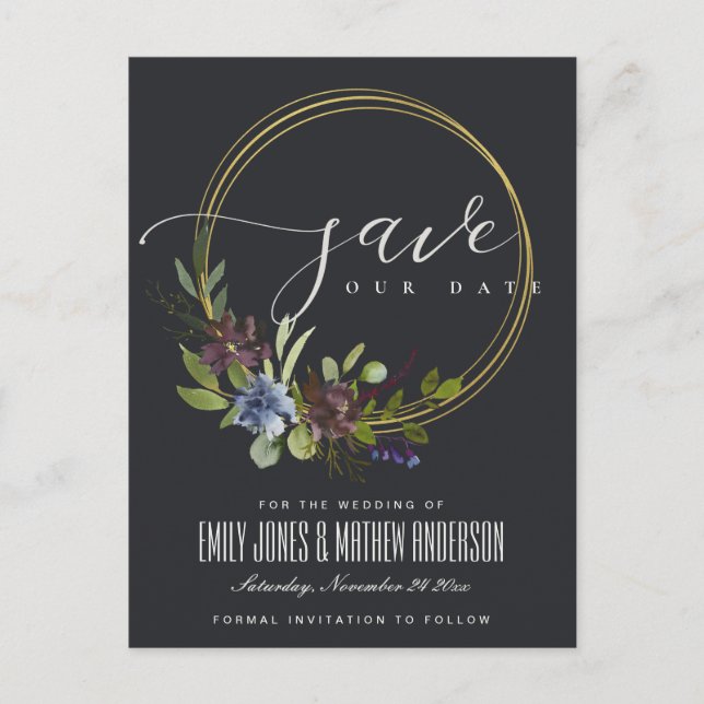 CARTE POSTALE FAIRE-PART MAROON BLACK BLOOM FOLIAGE WREATE ENREGISTRER LA D (Devant)