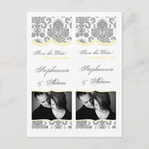 Carte Postale Faire-part Marque-page de Save the Date gris jaune damassé