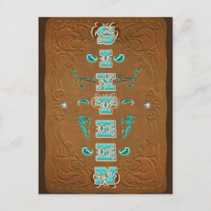 Carte Postale Faire-part Marron rustique occidental & turquoise SIXTEEN 16