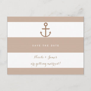 Carte Postale Faire-part Marron Taupe & Blanc À Rayures Ancre Enregistrer L