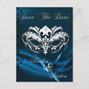 Carte Postale Faire-part Mascarade Argentée Bijou Bleu Enregistrer La Date