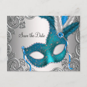 Carte Postale Faire-part Mascarade Bleu Turquoise Enregistrer La Date