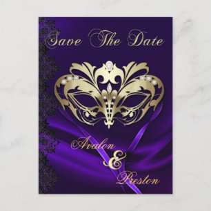 Carte Postale Faire-part Mascarade dorée Bijou Violet Enregistrer la date