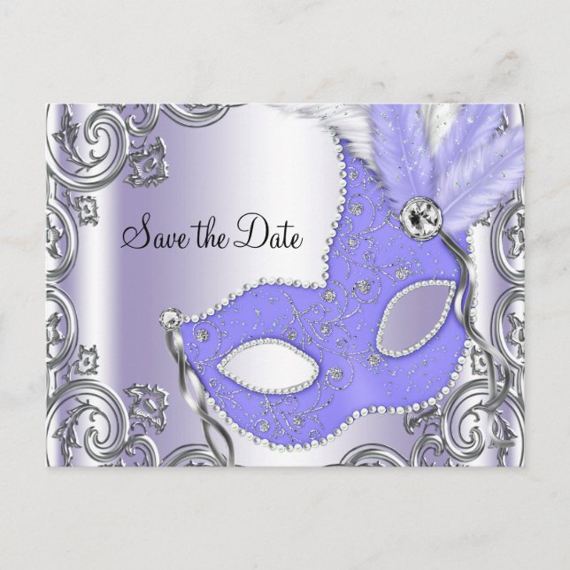 Carte Postale Faire-part Mascarade Violette Enregistrer la Date (Devant)