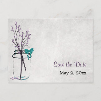 Carte Postale Faire-part Mason Jar avec branches violettes - Enregistrer la