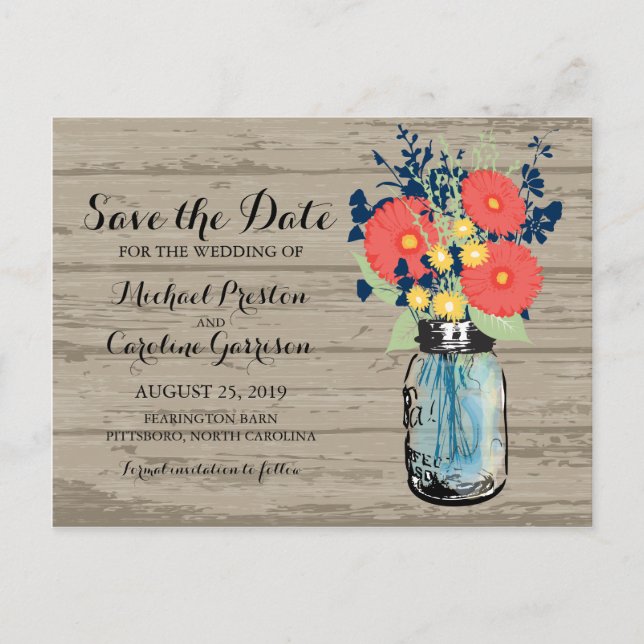 Carte Postale Faire-part Mason Jar et Gerber Daisies Enregistrer la date (Devant)