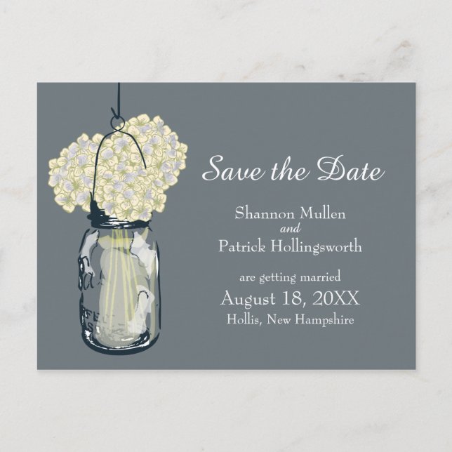Carte Postale Faire-part Mason Jar et Hydrangeas Enregistrer la date (Devant)